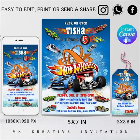 Editable Hot Wheels Birthday Invitation Hot Cars Themed Party Etsy UK