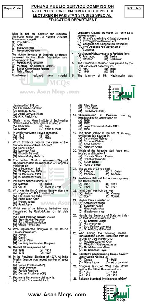 PPSC Lecturer Pakistan Studies Special Education Department 2018