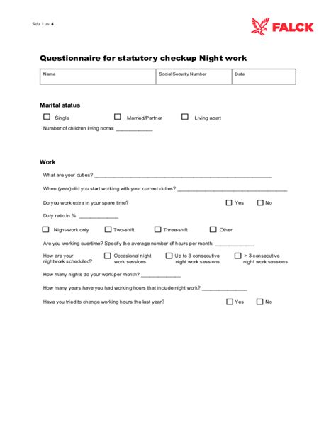 Fillable Online Questionnaire For Statutory Checkup Night Work Fax