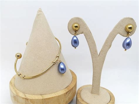 Set Dorado Brazalete Y Aretes Perla Azul Azulturquesa Joyer A De