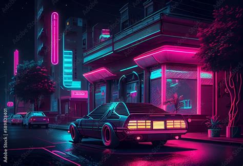 Futuristic Neon City Street At Night With S Pixel Art Style Retro