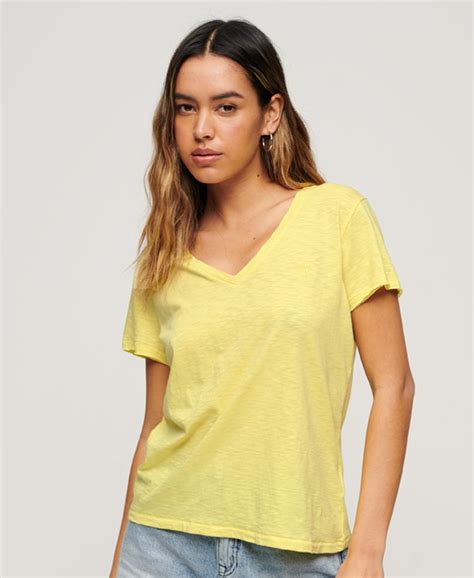 Womens Slub Embroidered V Neck T Shirt In Fresh Lemon Yellow