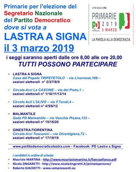 Lastra A Signa Ecco Dove Si Vota Alle Primarie Pd Del 3 Marzo Piana