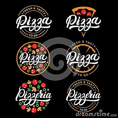 Set Of Pizza And Pizzeria Hand Written Lettering Logo Label Badge