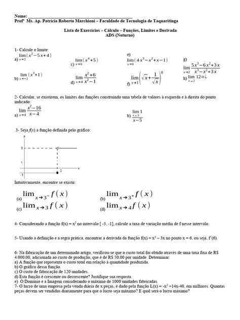 Lista De Exercícios P1 Ads Funções Limites Tmv E Derivada Pela