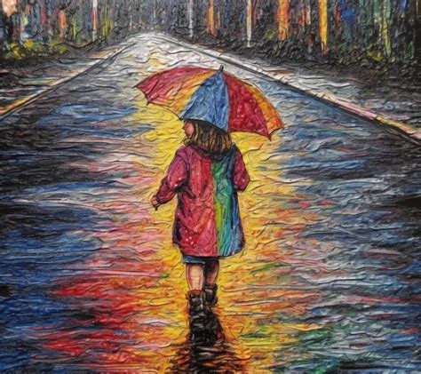 Premium Photo | A painting of a girl with an umbrella walking in the rain.