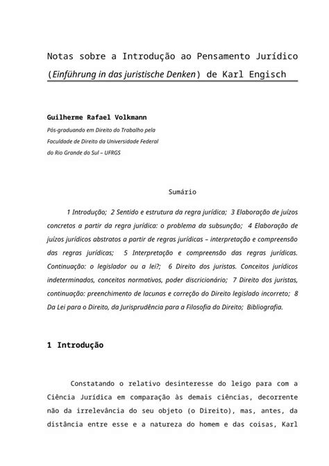 Doc Notas Sobre A Introdu O Ao Pensamento Jur Dico Einf Hrung In