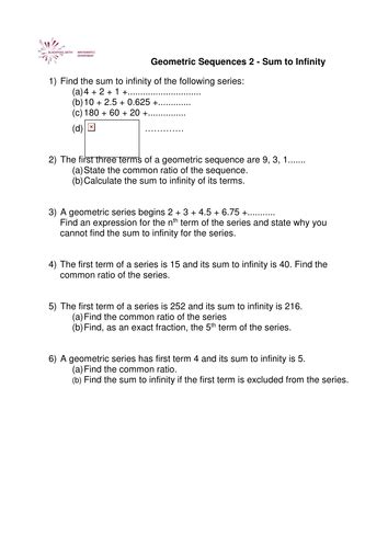 A Level Maths Sum To Infinity Worksheet Teaching Resources