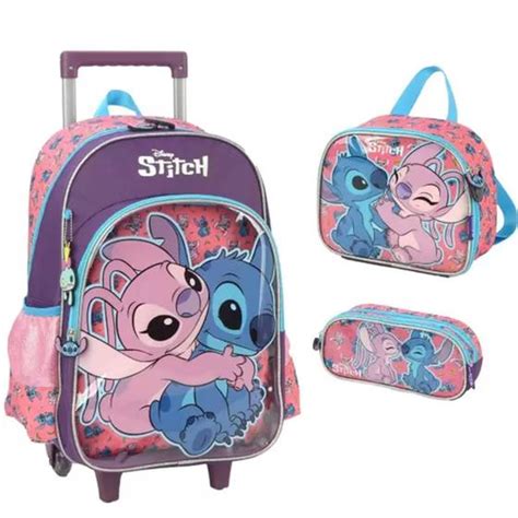 Kit Mochila De Rodinha Luxcel Stitch Lancheira Estojo Luxcel