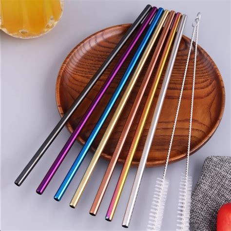 Custom Logo Rainbow Color Reusable Metal Straws Set With Cleaner Brush