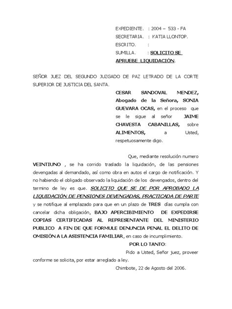 Solicitud De Aprobación De Liquidación De Pensiones De Alimentos