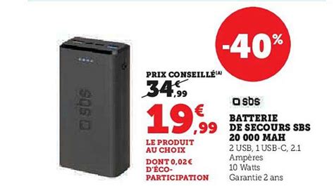 Promo Batterie De Secours Sbs 20000 Mah Chez Hyper U