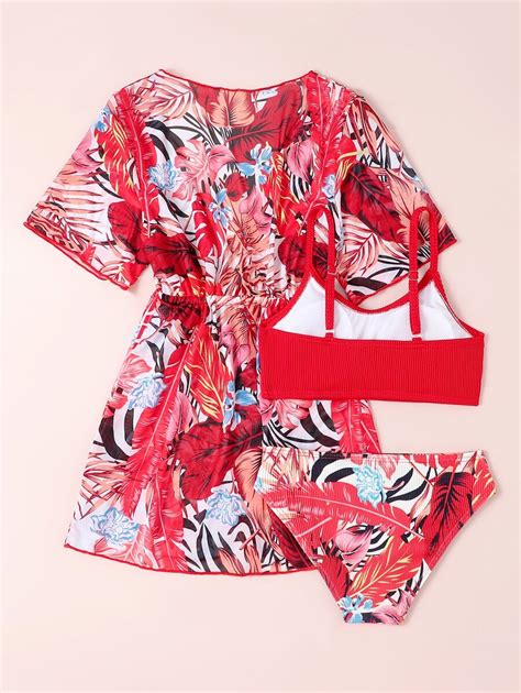 3 Piezas Conjunto De Bikini Con Estampado Tropical Aleatorio Con Kimono