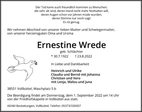 Traueranzeigen Von Ernestine Wrede Trauer Anzeigen De