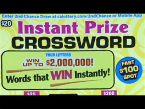 20 CROSSWORD Instant Prize Crossword California Lottery Scratch Off