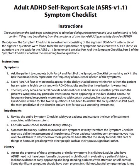 Adult ADHD Self Report Scale ASRS V1 1 Symptom Checklist MedWorks Media