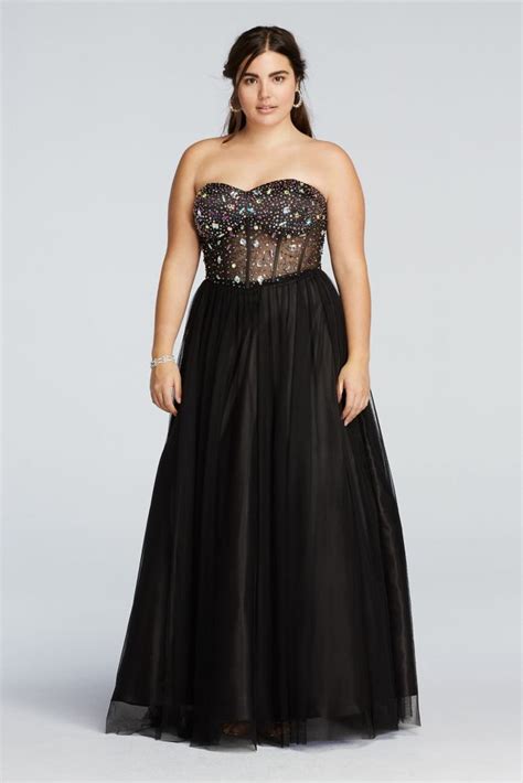 Plus Size Crystal Beaded Illusion Corset Prom Dress Black Multi