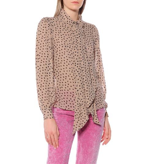 Ganni Polka Dot Georgette Tie Neck Blouse In Beige Modesens