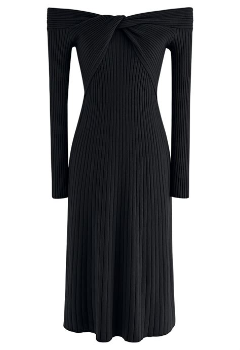 Twisted Off Shoulder Ribbed Knit Dress In Black Retro Indie And