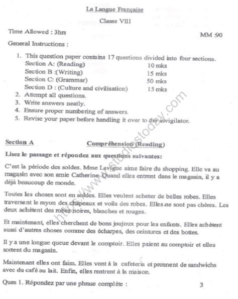 Cbse Class 8 French Sample Paper Set F