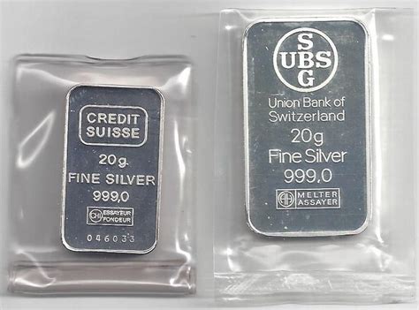 2 sehr schöne 20 Gramm Silberbarren 999 0 Fine UBS CS Kaufen auf