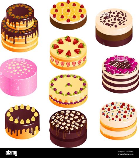 Birthday Cake Icons Set With Chocolate And Fruit Cakes Isometric