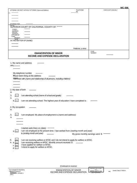 Emancipation Of Minor Income And Expense Declaration Doc Template