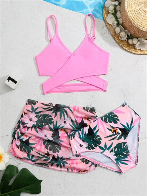 Shein Ensemble Bikini Imprim Tropical Avec Jupe De Plage Pour Jeune