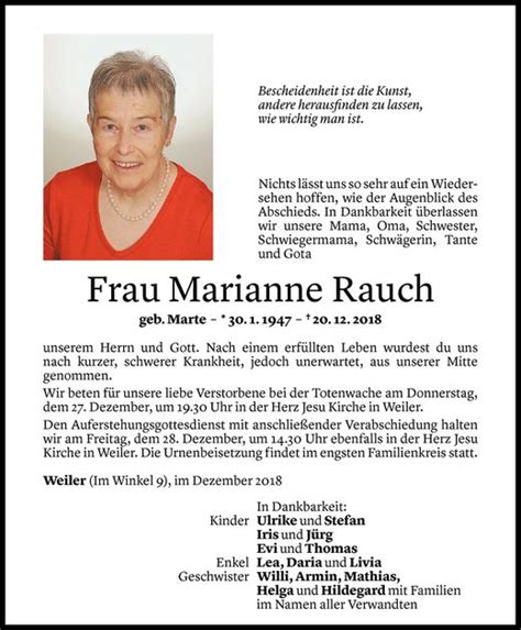 Todesanzeigen Von Marianne Rauch Todesanzeigen Vorarlberger Nachrichten