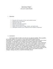 Lab Report Ionic And Covalent Bonds Docx Laboratory Report Ionic And