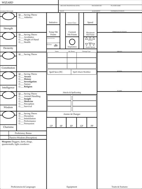 Dnd 5e Wizard Class Character Sheet Fifth Edition Dandd Etsy