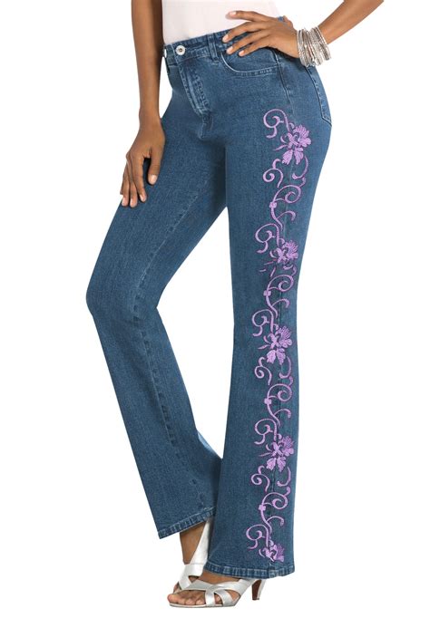 Roamans Womens Plus Size Whitney Jean With Invisible Stretch Embroidered Bootcut Jeans