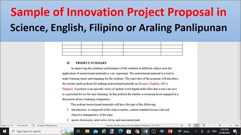 Sample Of Innovation Project Proposal In Science English Filipino Or