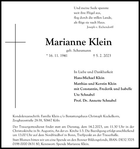 Traueranzeigen Von Marianne Klein Wirtrauern