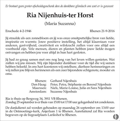 Maria Suzanna Ria Nijenhuis Ter Horst 21 09 2016 Overlijdensbericht