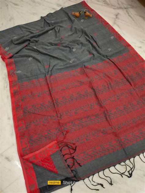 Rich Grey Handwoven Cotton Jamdani Saree With Red Borders Loomfolks