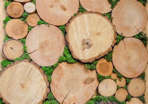 Una pared de círculos de madera aserrada Foto Premium