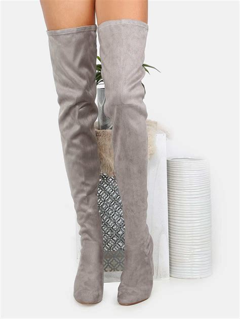 Square Toe Faux Suede Thigh High Boots GREY SheIn Sheinside