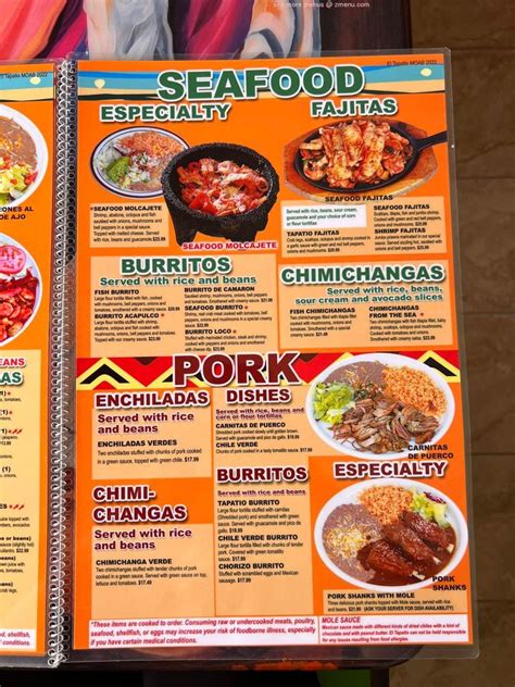 Menu at El Tapatio restaurant, Moab