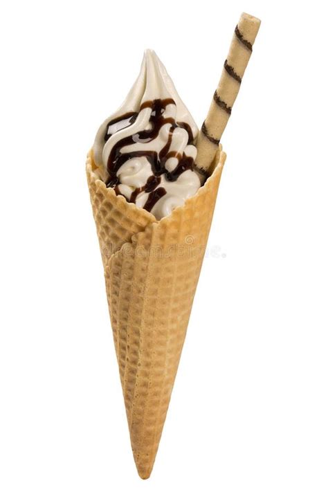 Vanilla Ice Cream with Chocolate Syrup in Cone Stock Photo - Image of ...