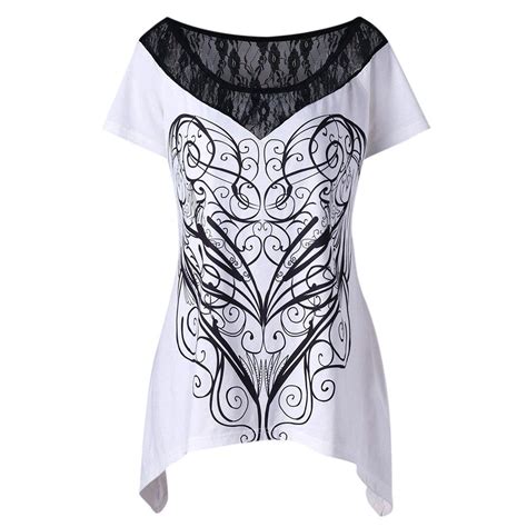 Plus Size Lace Trim Monochrome T Shirt White And Black 3h40714812