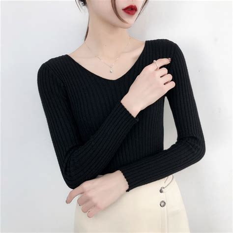 Asilah Long Sleeve V Neck Plain Knit Top Yesstyle