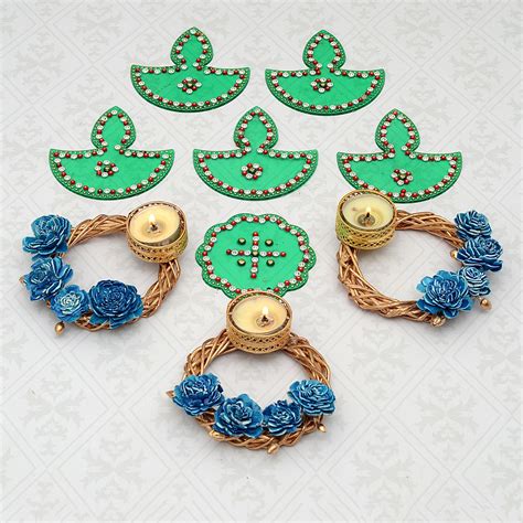 Diya Shape Green Rangoli & 3 Set of Diya, Diwali Essentials Gifts