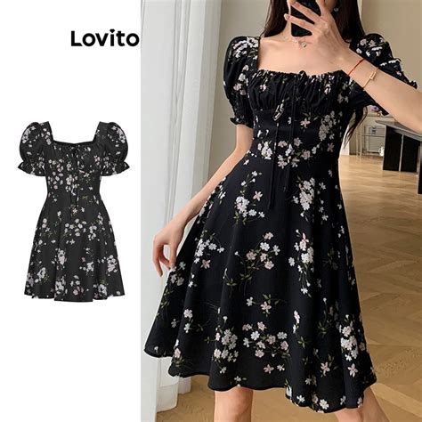 Lovito Casual Ditsy Floral Lace Up Dress For Women L Ed Black