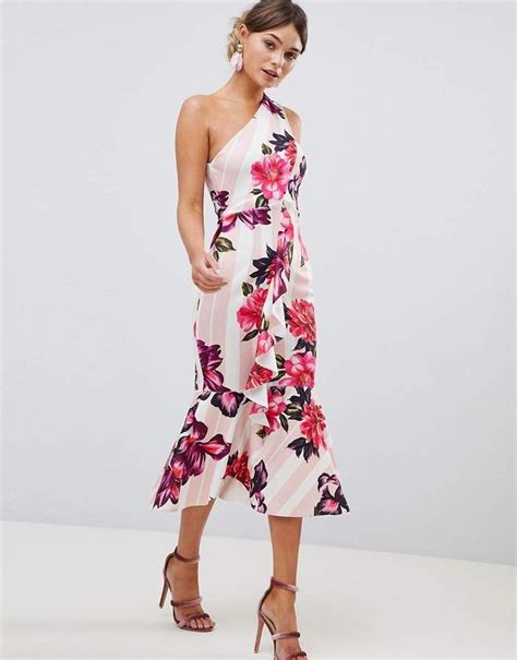 Asos Design One Shoulder Midi Dress With Floral And Stripe Print Moda