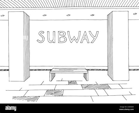 Subway Station Platform Graphic Black White Sketch Illustration Vector