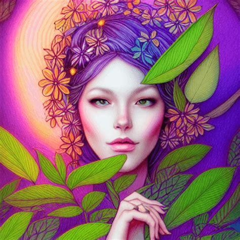 Elegant Hyperrealistic Adorable Woman And Magical Foliage Fantasy Made