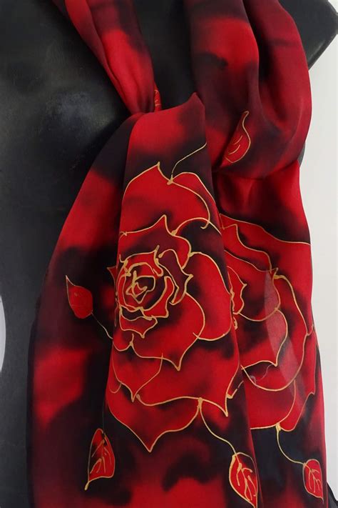 Midnight Rose Silk Scarf Hand Painted Crimson And Black Rose Flowers