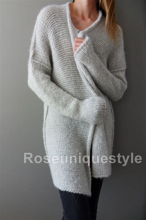 Alpaca Chunky Knit Cardigan Light Grey Long Sleeves Etsy