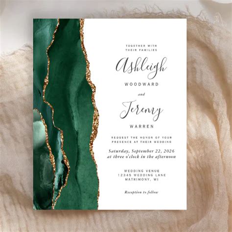 Budget Emerald Green Gold Agate Wedding Invitation Zazzle